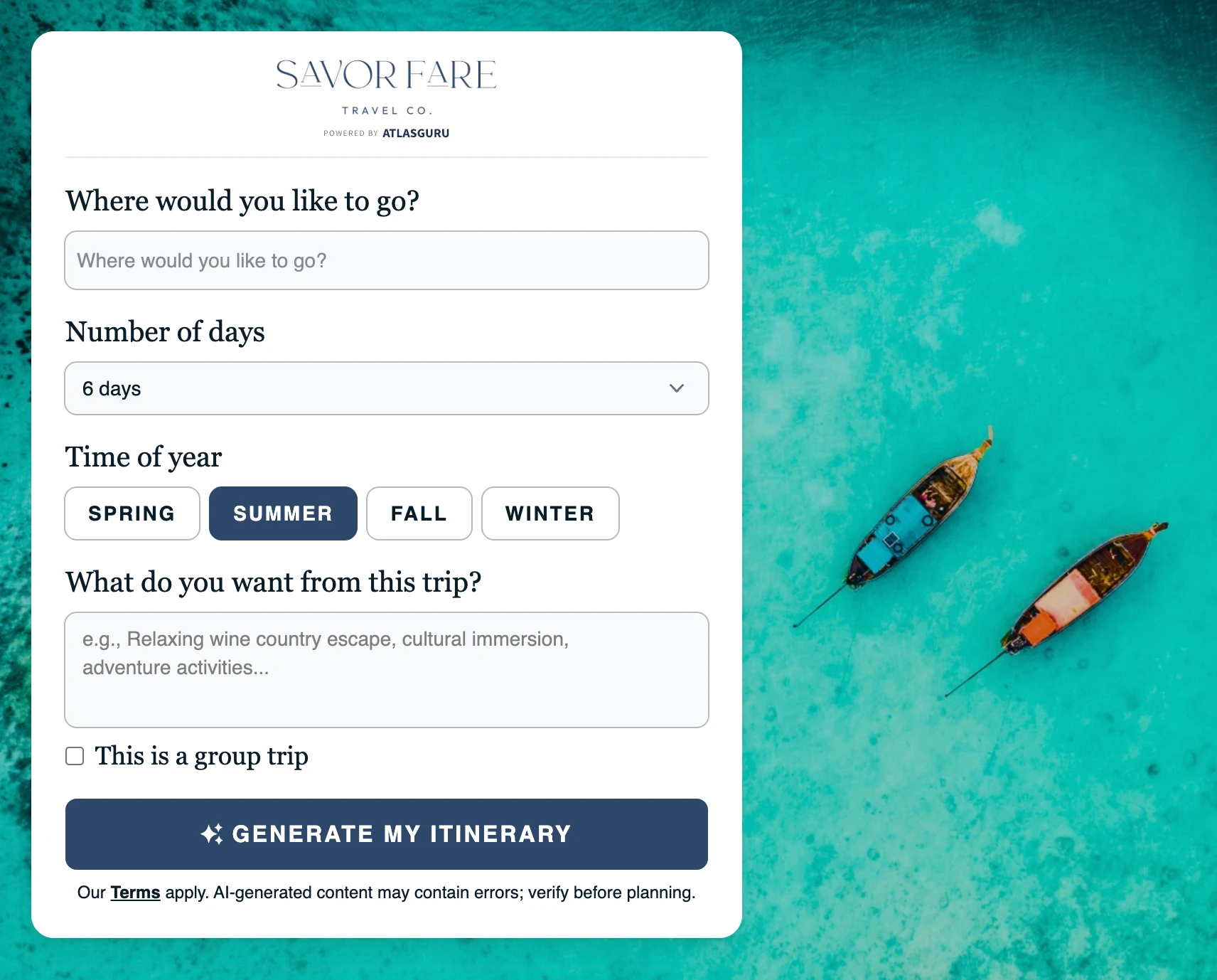 AtlasGuru itinerary builder customized for a travel brand
